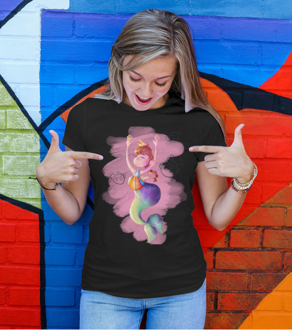 Pisces Mermaid Rainbow Girl With Pink Fish Bubbles T-Shirt