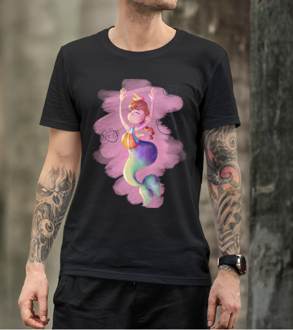 Pisces Mermaid Rainbow Girl With Pink Fish Bubbles T-Shirt
