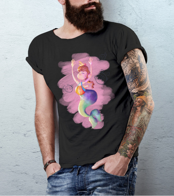 Pisces Mermaid Rainbow Girl With Pink Fish Bubbles T-Shirt