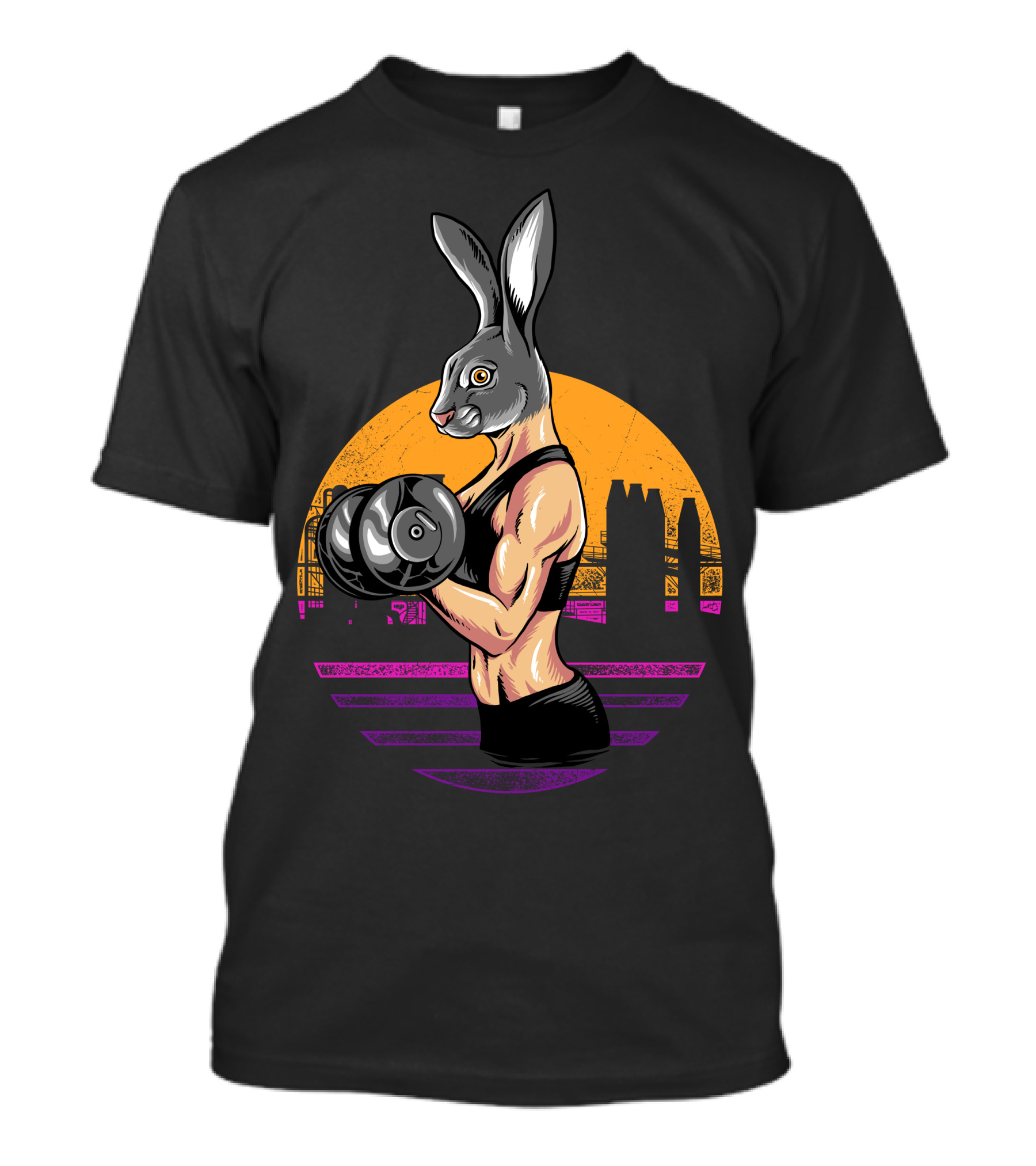 Bodybuilder Rabbit Workout With Dumbbells In Sunset Cityscape T-Shirt