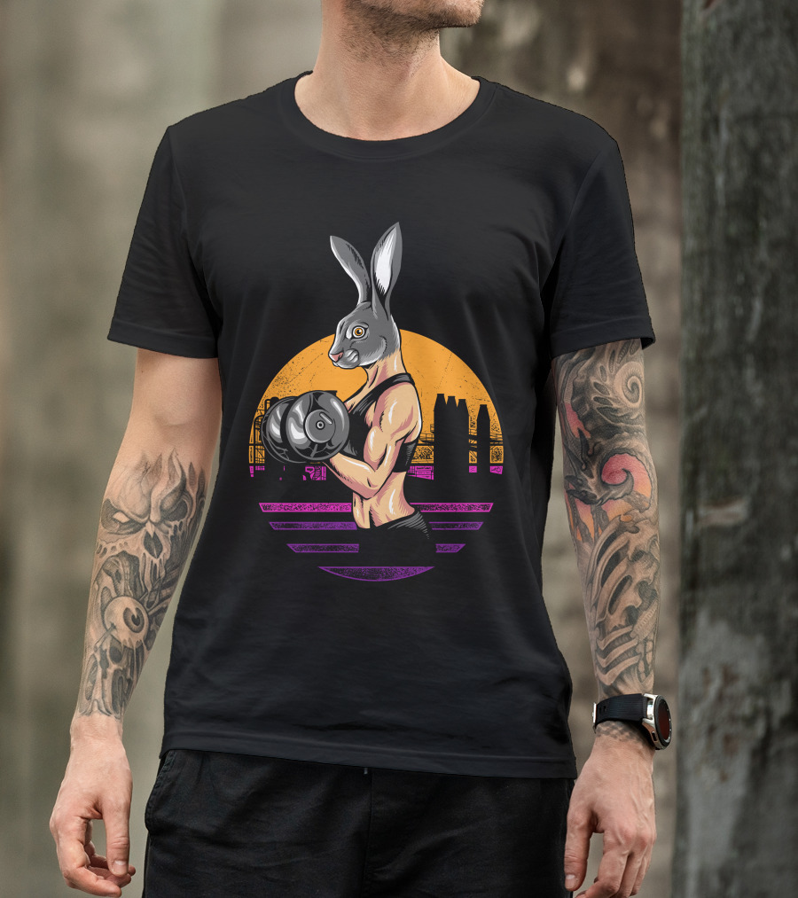 Bodybuilder Rabbit Workout With Dumbbells In Sunset Cityscape T-Shirt