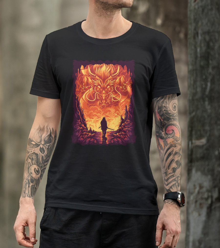 Samurai Confronts Fiery Dragon In Cave Encounter T-Shirt