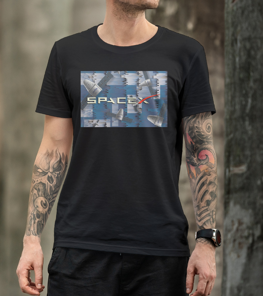 SpaceX Dragon Capsule With Logo On Blue Pattern Background T-Shirt