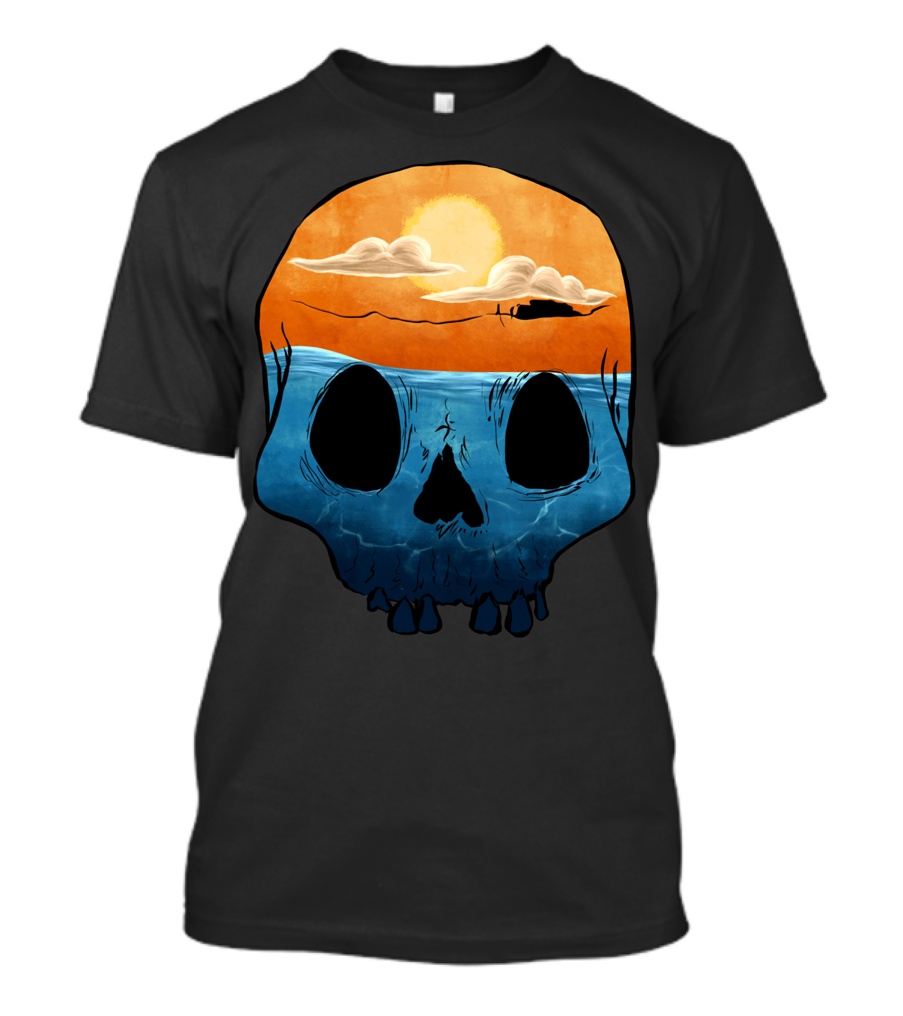 Sunset Over Ocean Skull With Clouds And Sun T-Shirt