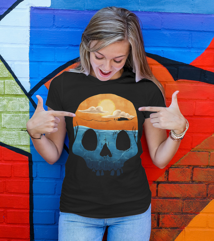 Sunset Over Ocean Skull With Clouds And Sun T-Shirt