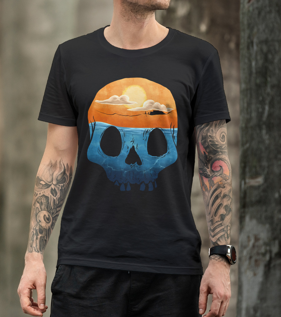 Sunset Over Ocean Skull With Clouds And Sun T-Shirt