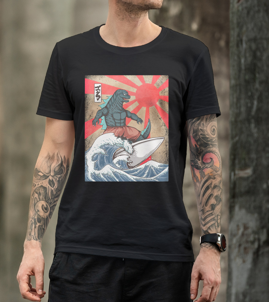 Surfing Kaiju Retro Japanese Wave Monster Sunburst Scene T-Shirt