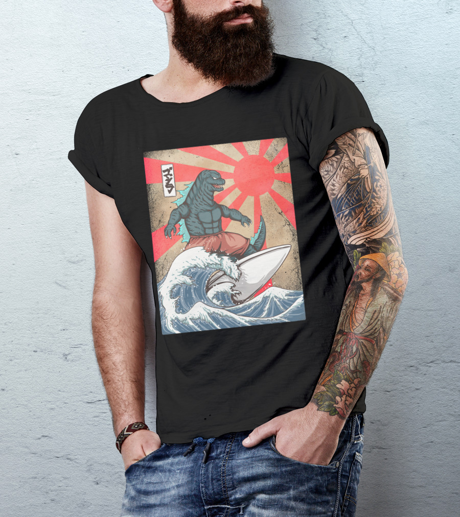 Surfing Kaiju Retro Japanese Wave Monster Sunburst Scene T-Shirt
