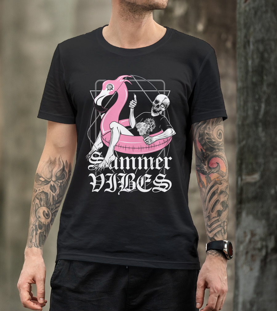 Summer Vibes Skeleton Float Flamingo Chill T-Shirt