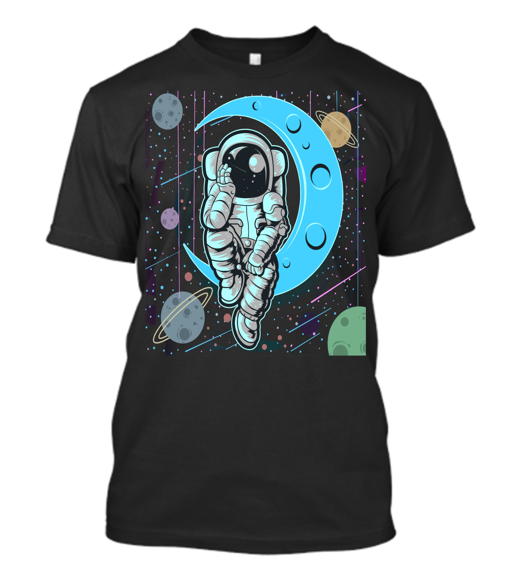 Thoughtful Astronaut On Crescent Moon With Colorful Planets T-Shirt