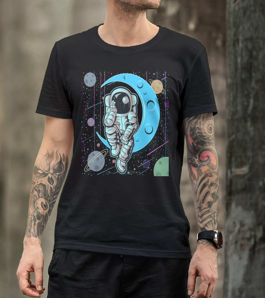 Thoughtful Astronaut On Crescent Moon With Colorful Planets T-Shirt