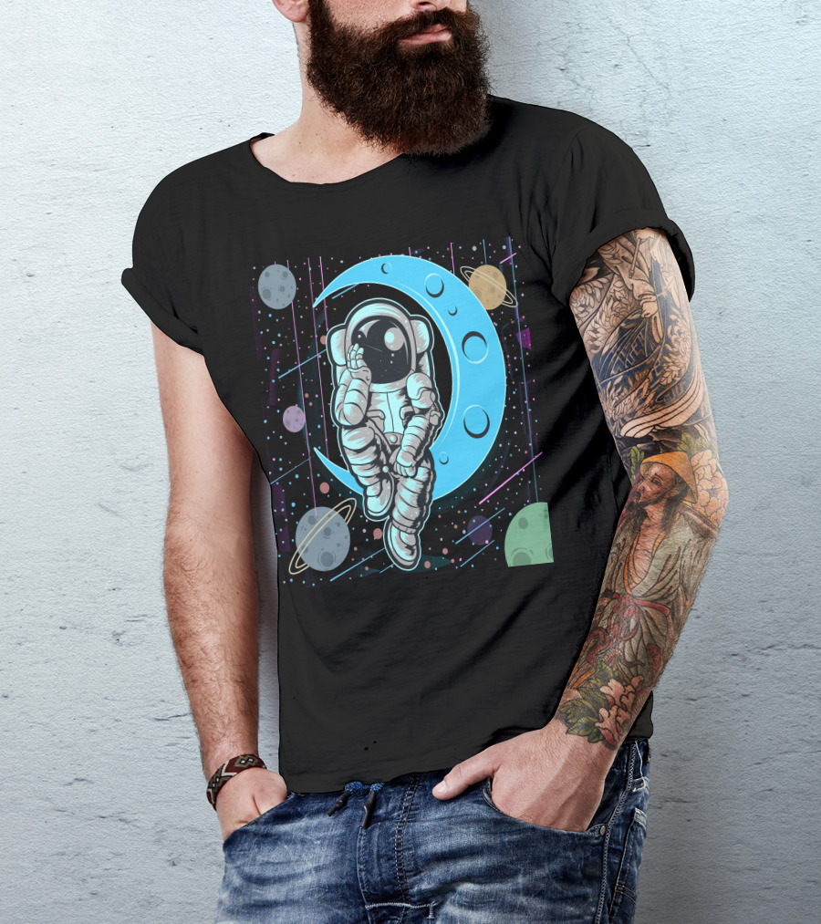 Thoughtful Astronaut On Crescent Moon With Colorful Planets T-Shirt