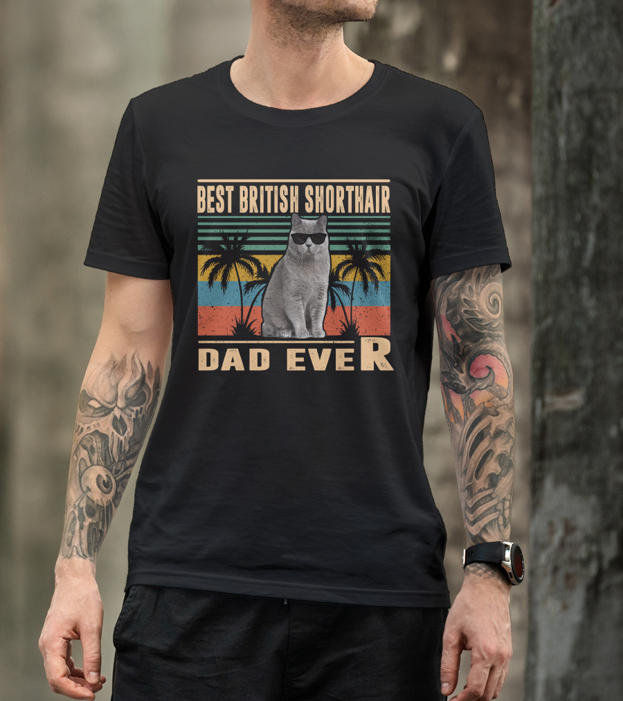 Best British Shorthair Dad Ever Retro Cat Palm Trees T-Shirt
