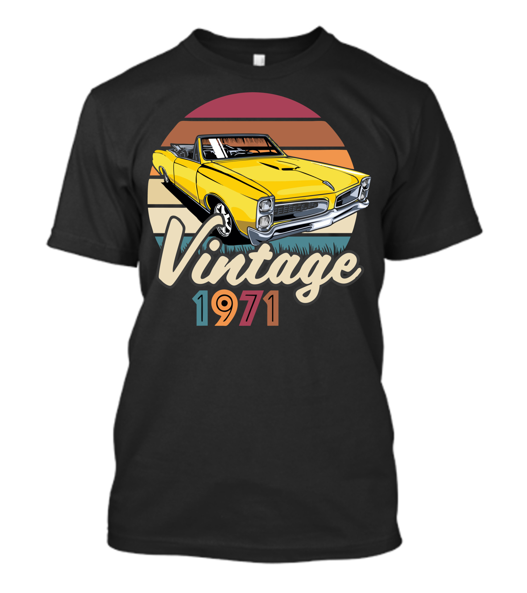 Vintage 1971 Yellow Convertible Car Retro Sunset T-Shirt