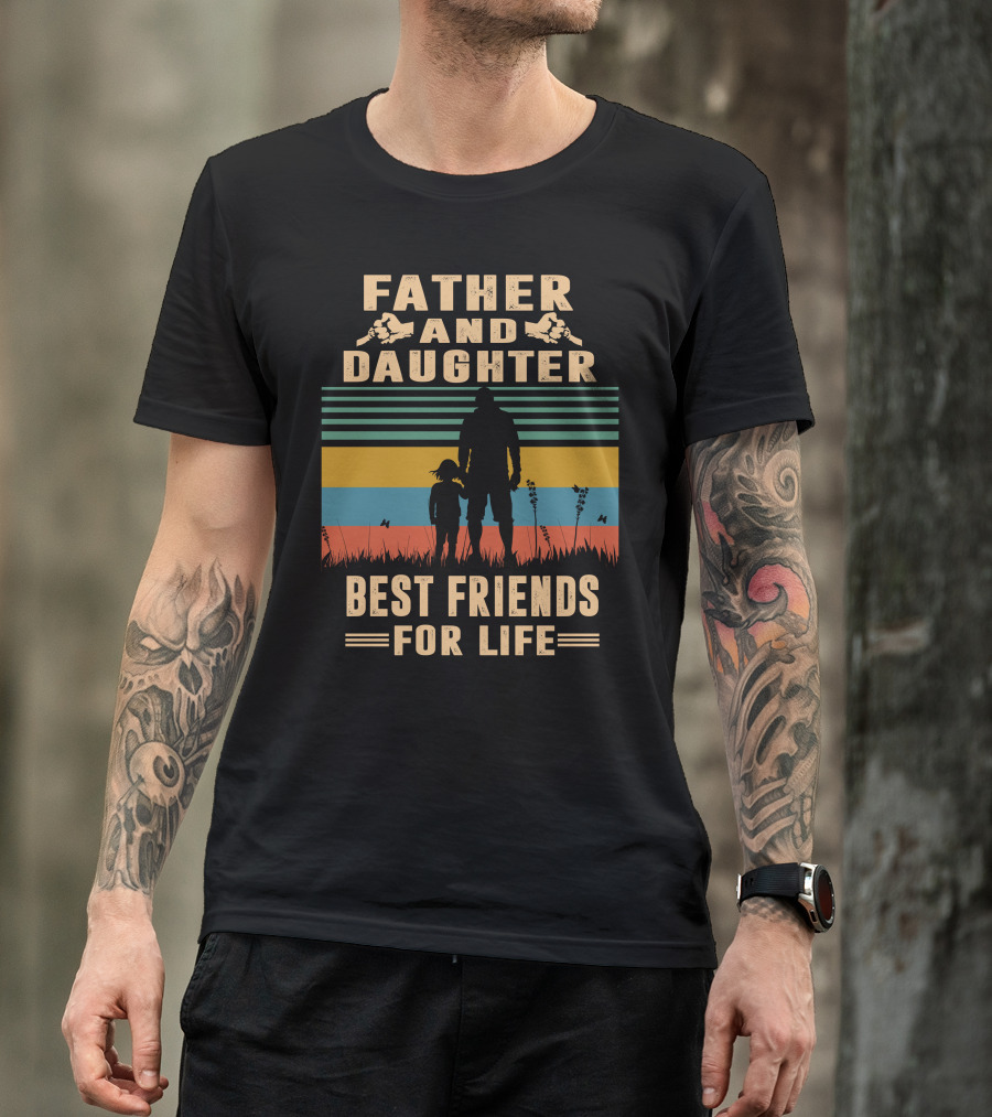 Father And Daughter Best Friends For Life Vintage Silhouette Retro Stripes T-Shirt