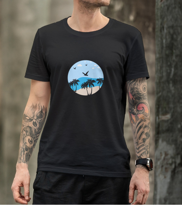 Born To Be Fresh Beach Palm Trees And Birds Sky Scene T-Shirt