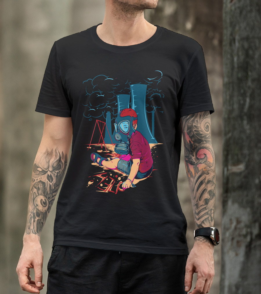 Boy In Gas Mask With Playground And Nuclear Cooling Towers T-Shirt