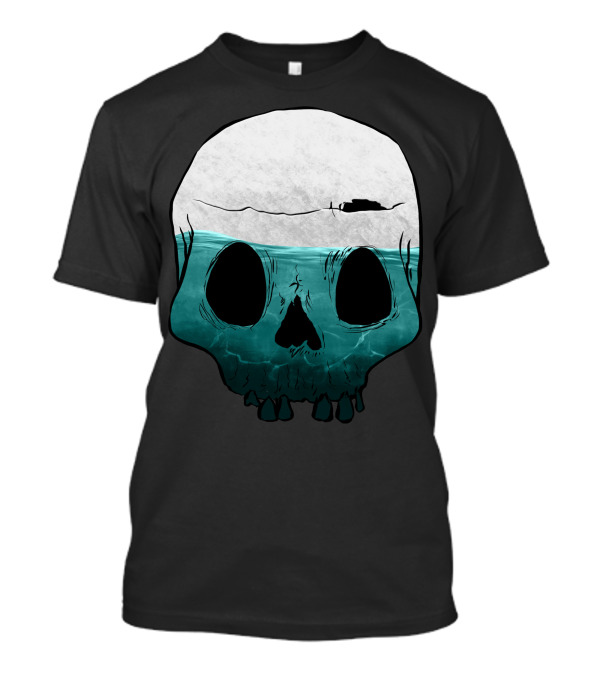 Cloudy Ocean Skull With Fishing Boat T-Shirt