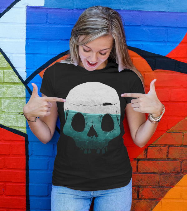 Cloudy Ocean Skull With Fishing Boat T-Shirt