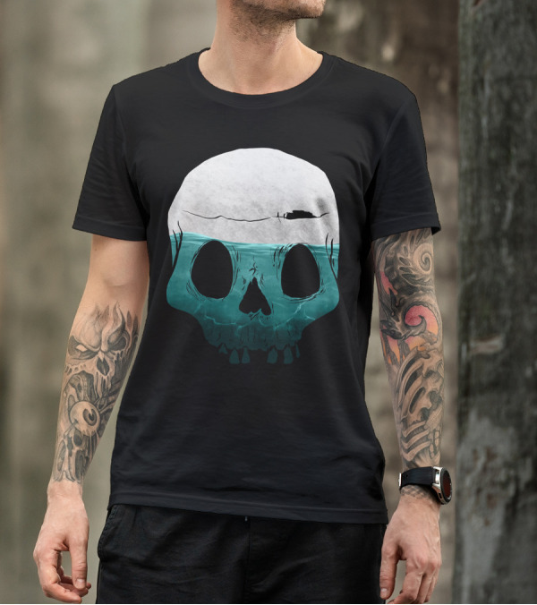 Cloudy Ocean Skull With Fishing Boat T-Shirt