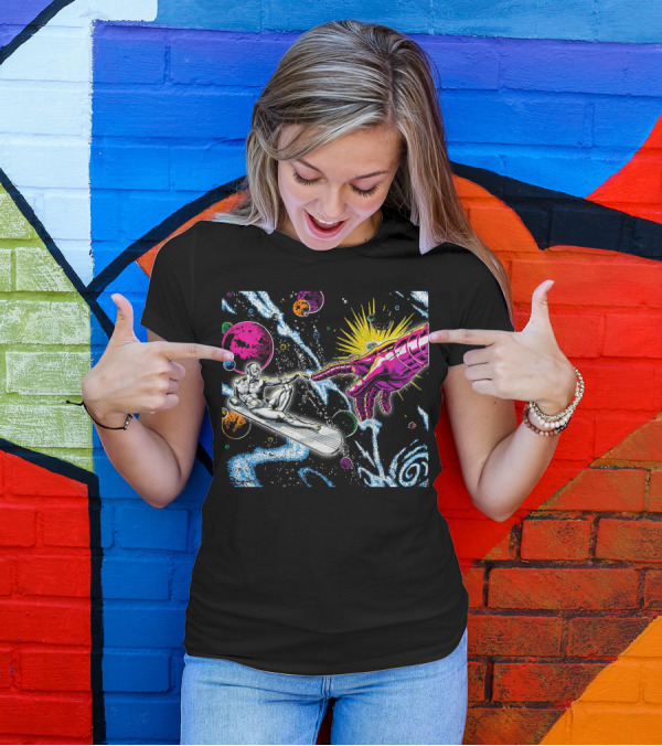 Silver Surfer And Galactic Hand Among Colorful Planets And Cosmic Swirls T-Shirt