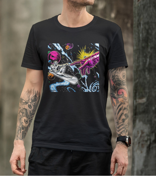 Silver Surfer And Galactic Hand Among Colorful Planets And Cosmic Swirls T-Shirt