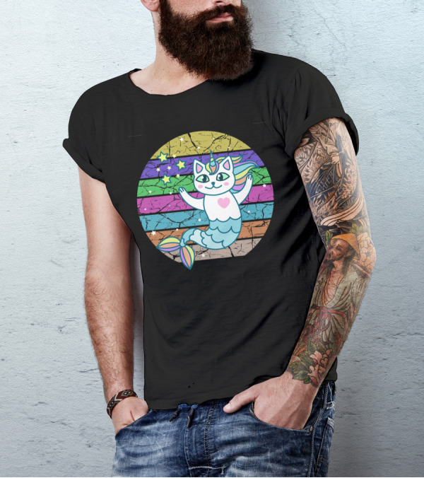 Cute Mermaid Cat Unicorn With Stars And Rainbow Stripes T-Shirt