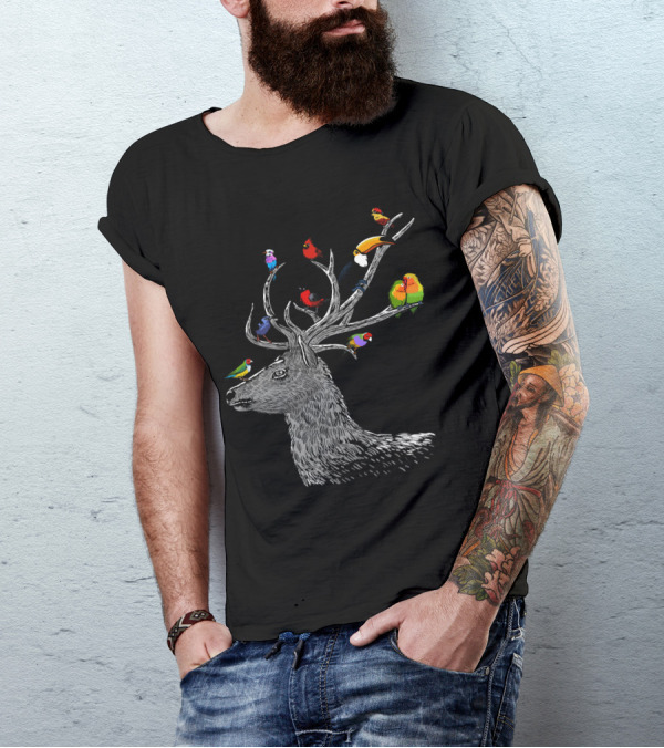 Deer With Birds And Colorful Antler Birds T-Shirt