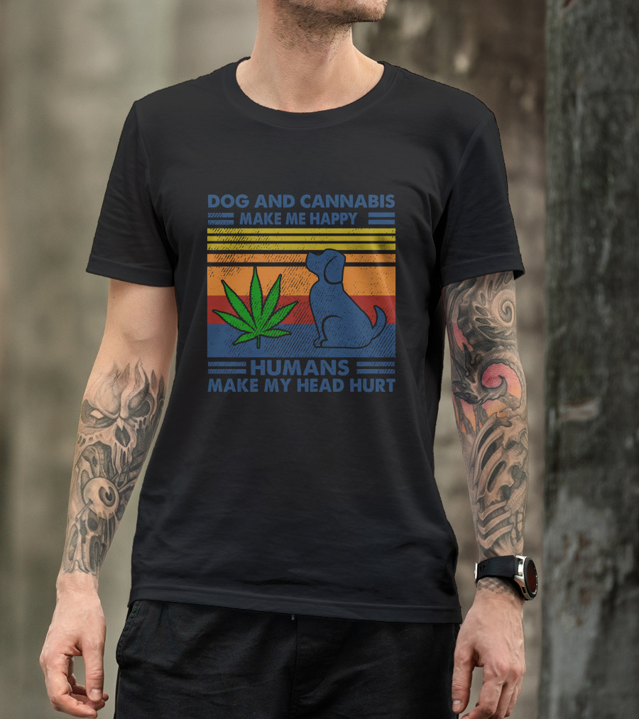 Dog And Cannabis Make Me Happy Humans Make My Head Hurt Retro Sunset Style With Dog And Cannabis Leaf T-Shirt
