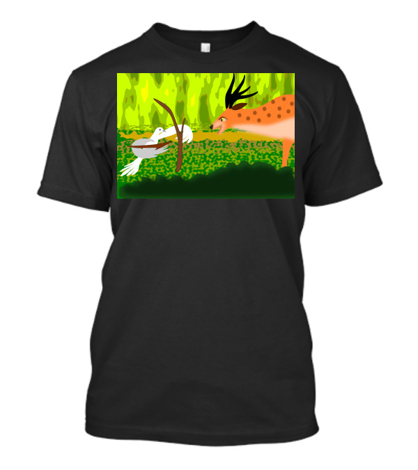 Dove With Bow Facing Spotted Deer In Forest Scene T-Shirt
