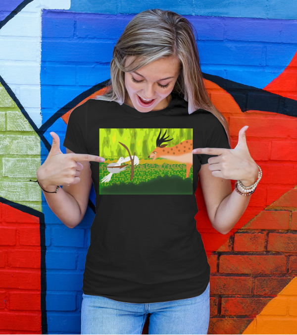 Dove With Bow Facing Spotted Deer In Forest Scene T-Shirt