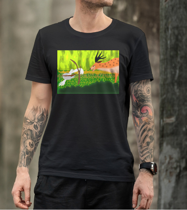 Dove With Bow Facing Spotted Deer In Forest Scene T-Shirt
