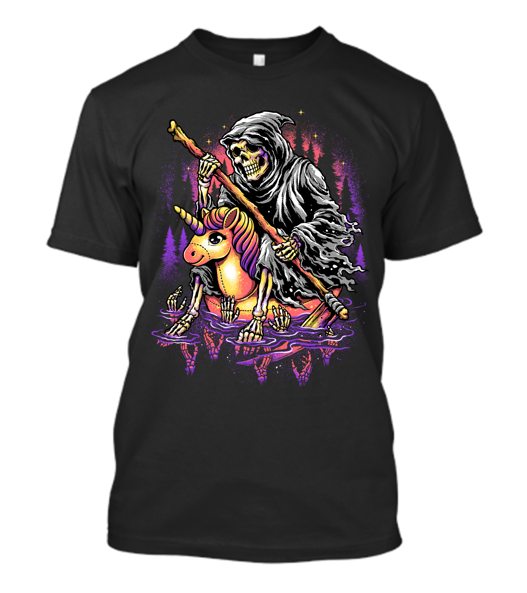 Gently Down The Stream Grim Reaper Rides Unicorn Skeleton Paddle T-Shirt