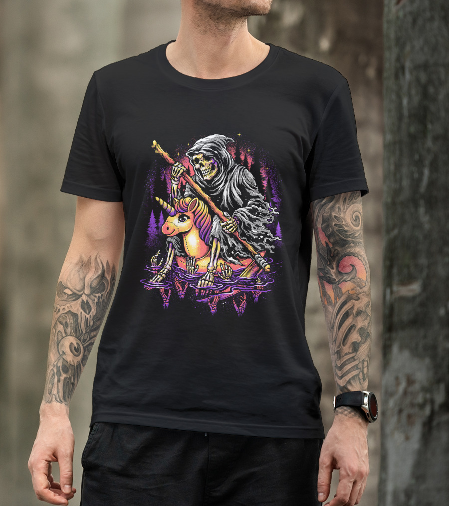 Gently Down The Stream Grim Reaper Rides Unicorn Skeleton Paddle T-Shirt