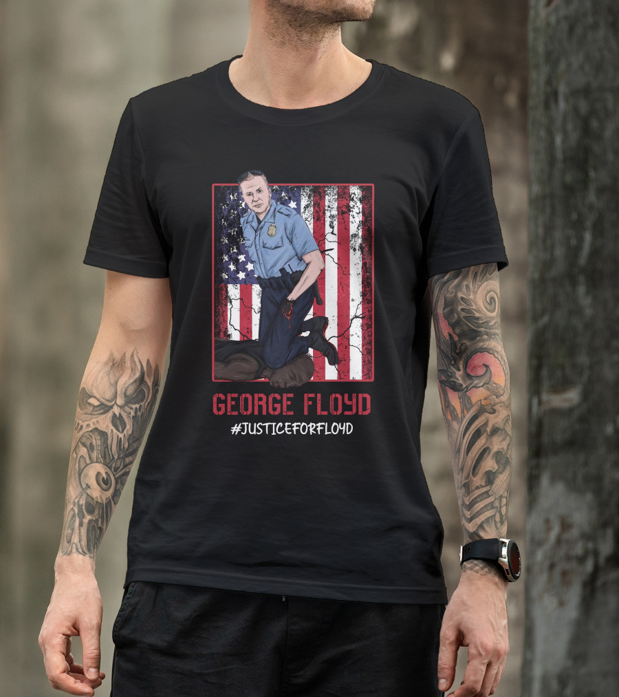 George Floyd #JusticeForFloyd Police Brutality Illustration American Flag Background T-Shirt