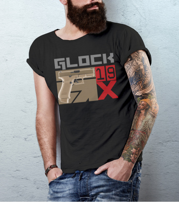 Glock 19X Tan Pistol Graphic With Bold Red And Gray Text T-Shirt