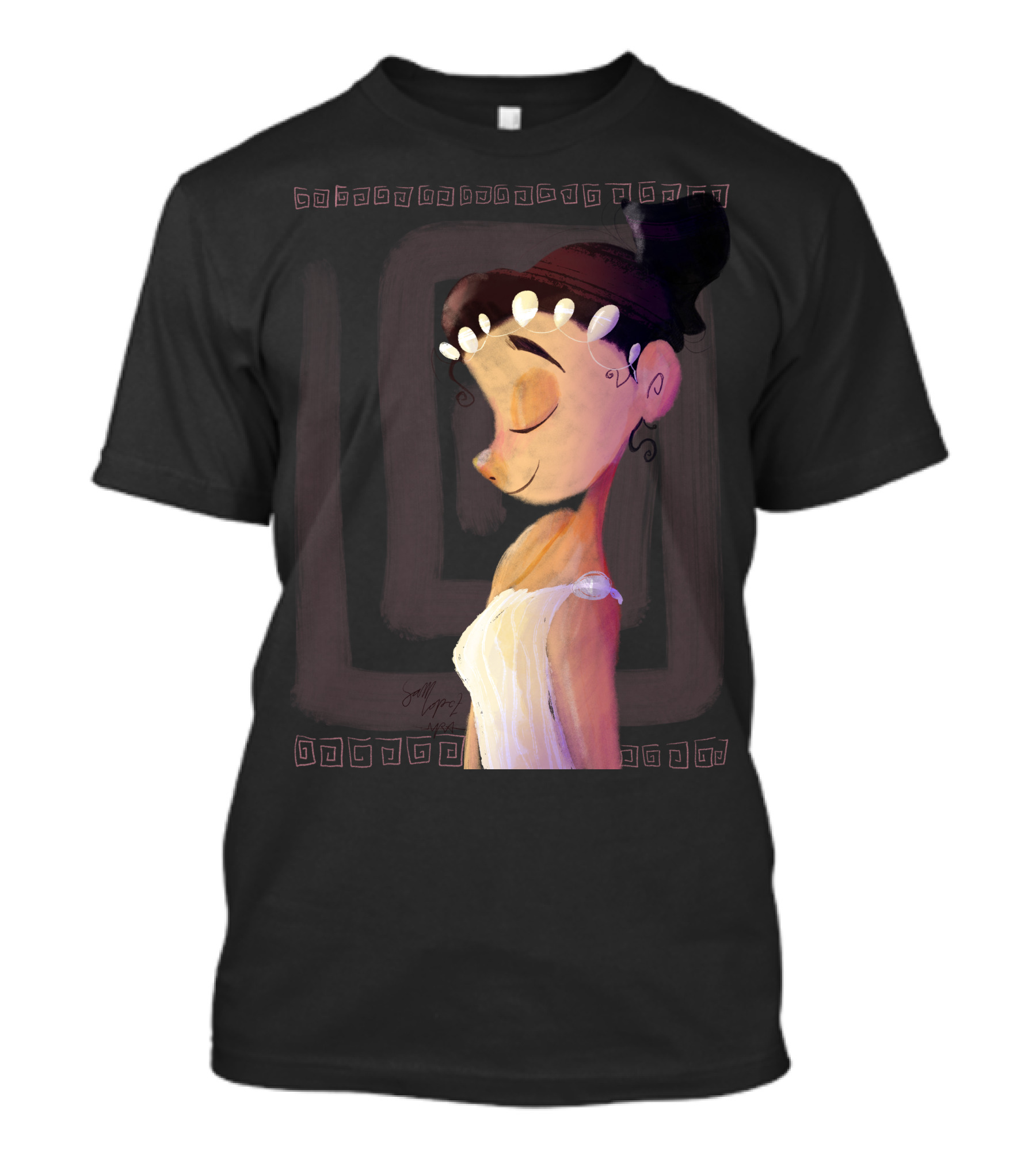 Greek Goddess Cartoon Portrait With Pearl Headband And Greek Key Border T-Shirt