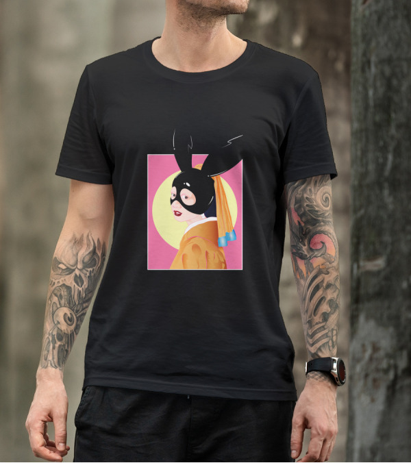 A Girl In Kimono With Black Rabbit Mask And Bold Yellow And Pink Background T-Shirt