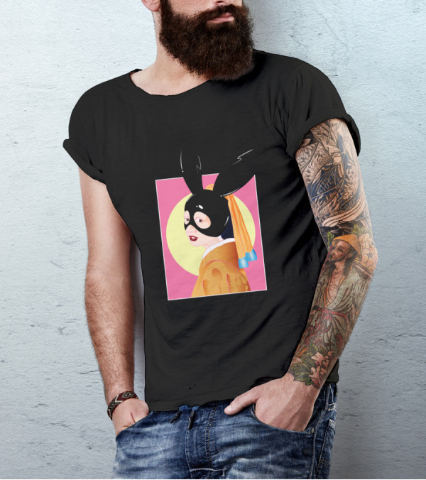 A Girl In Kimono With Black Rabbit Mask And Bold Yellow And Pink Background T-Shirt