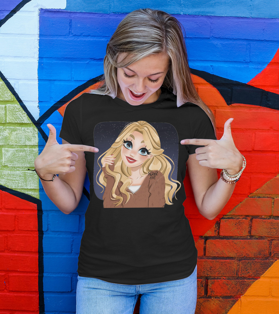 Blonde Cartoon Woman With Big Blue Eyes And Brown Jacket By Janna T-Shirt