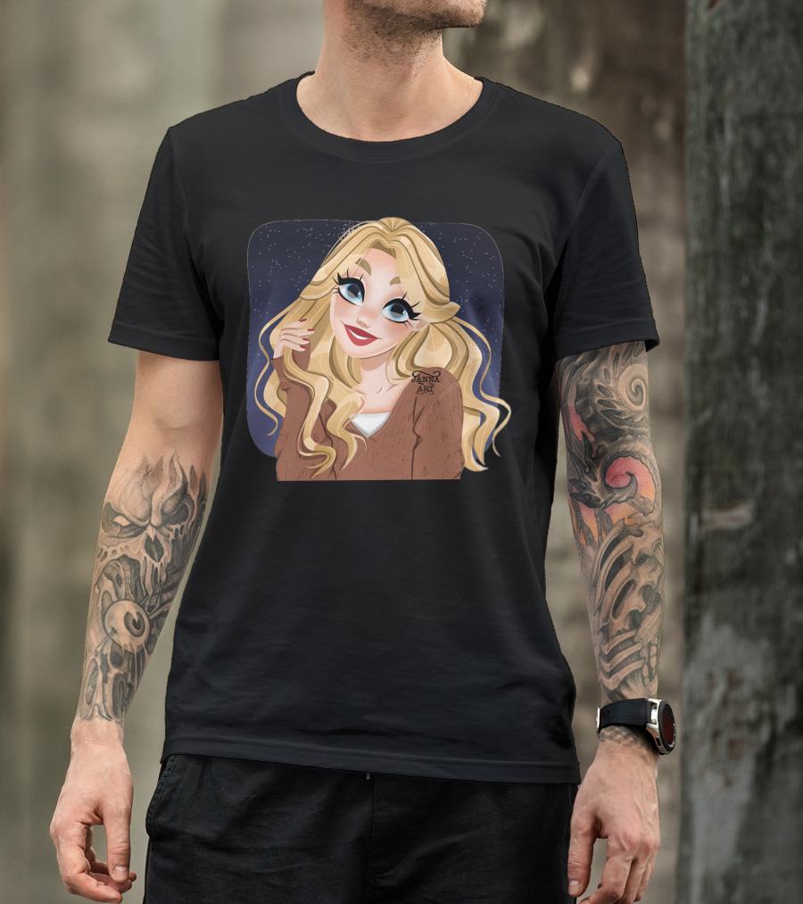 Blonde Cartoon Woman With Big Blue Eyes And Brown Jacket By Janna T-Shirt