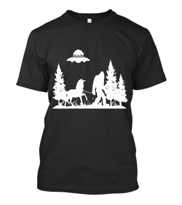 The Big One Walking A Unicorn With UFO Overhead And Stranger Watching T-Shirt