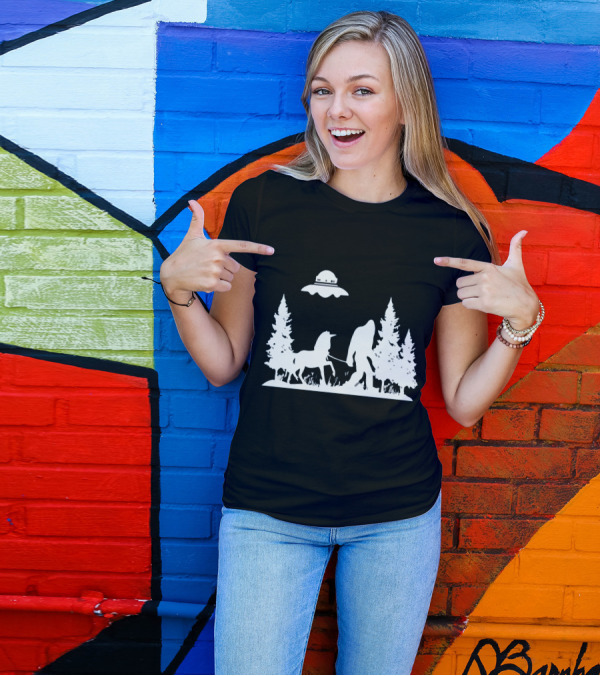 The Big One Walking A Unicorn With UFO Overhead And Stranger Watching T-Shirt