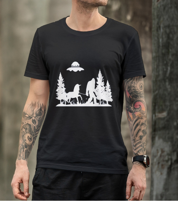 The Big One Walking A Unicorn With UFO Overhead And Stranger Watching T-Shirt