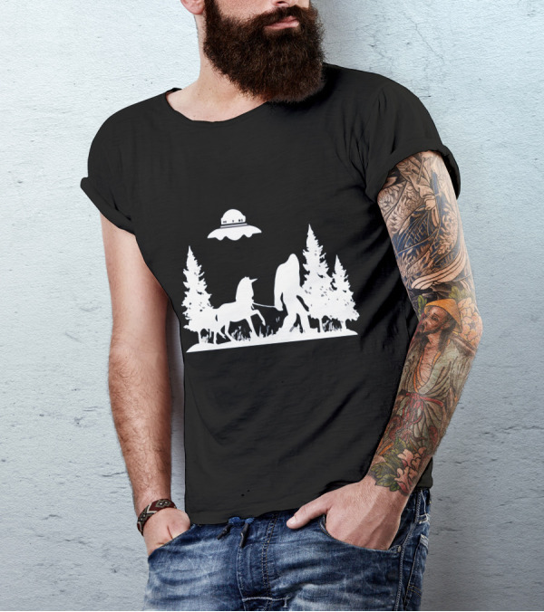 The Big One Walking A Unicorn With UFO Overhead And Stranger Watching T-Shirt