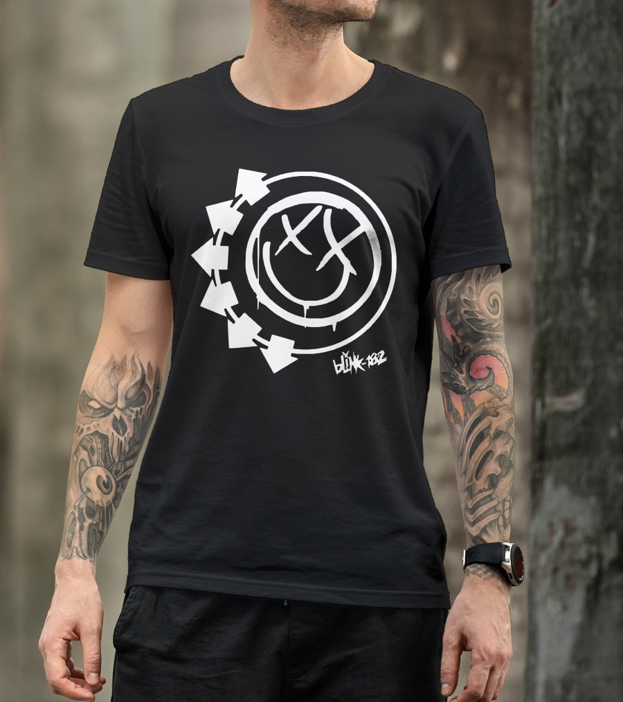 Blink 182 White Logo Arrows And Smiley Face T-Shirt
