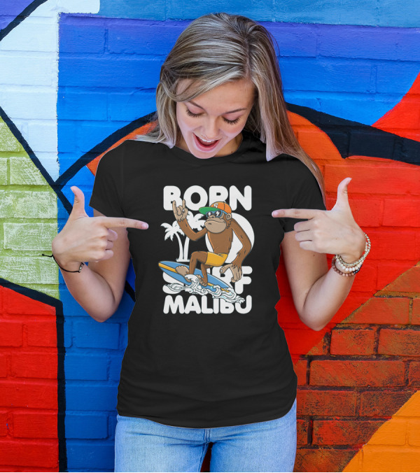 Monkey Surfing Malibu Waves Born To Surf Palm Trees T-Shirt