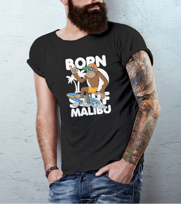 Monkey Surfing Malibu Waves Born To Surf Palm Trees T-Shirt