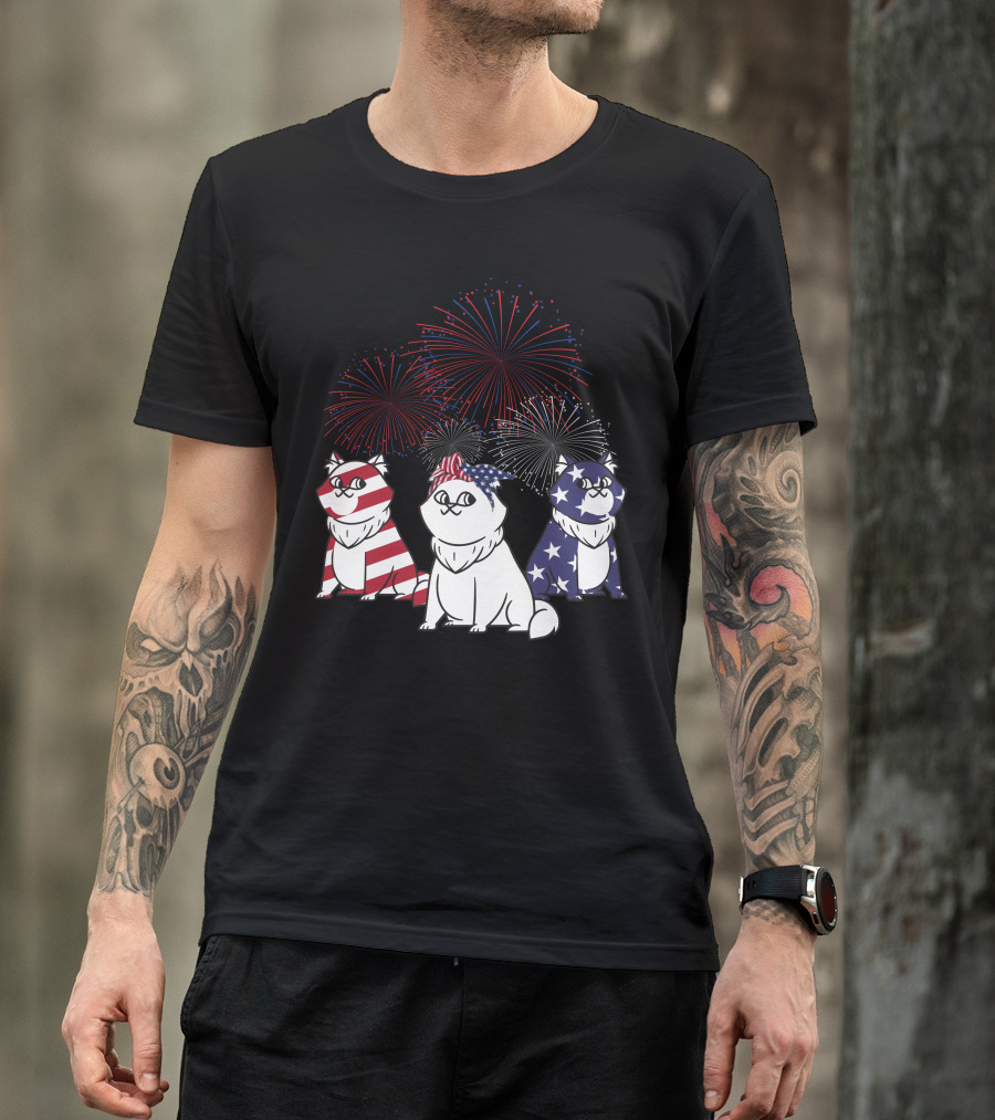 Patriotic Cat Trio American Flag 4th Of July Fireworks T-Shirt