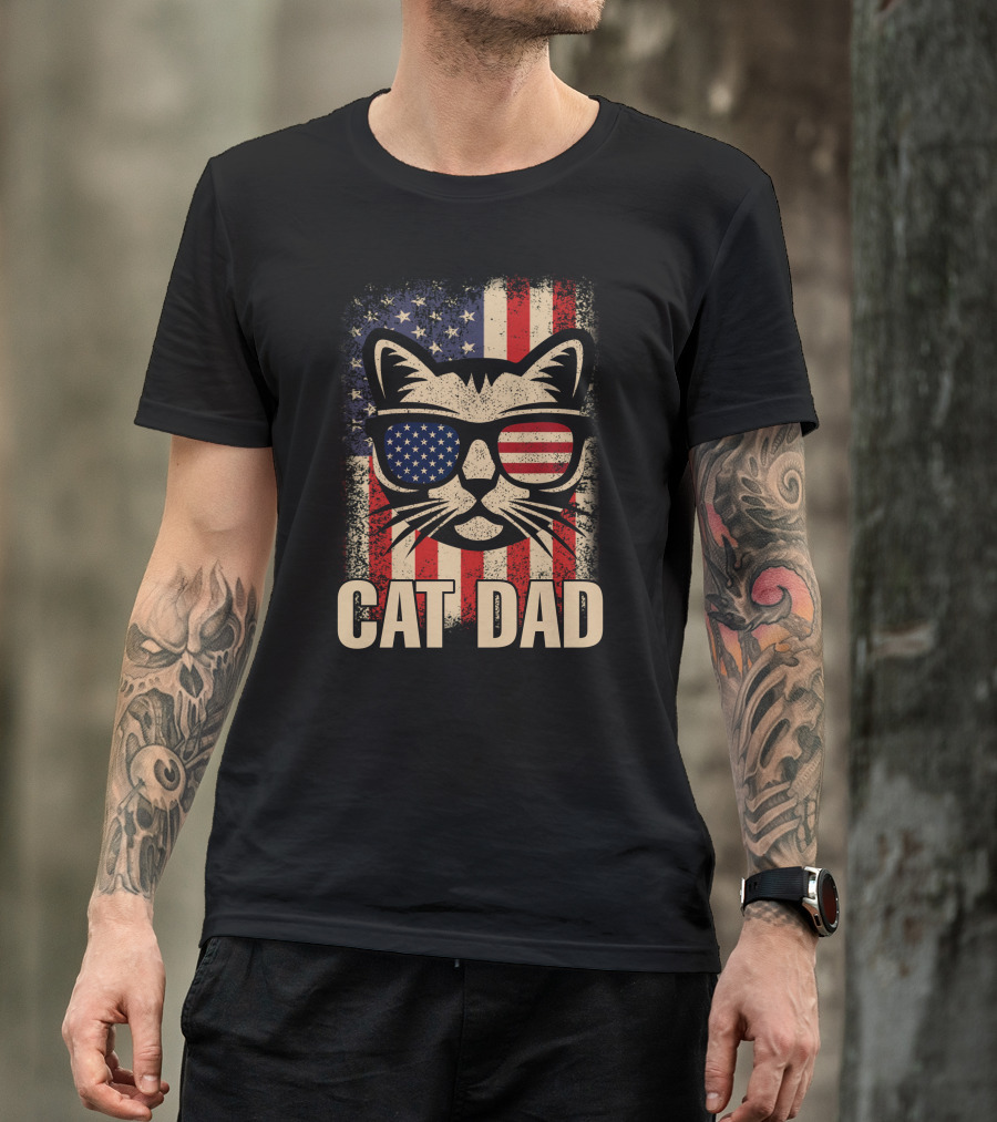 Cat Dad With American Flag Glasses Patriotic 4th Of July T-Shirt